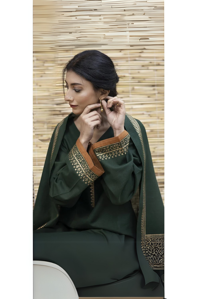 3 Pc Embroidered Dhanak with Heavy wool Shawl Winter Collection -104