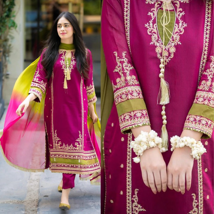 SAPPHIRE 3Pc Lawn Heavy Embroidered Suit with Chiffon dupatta