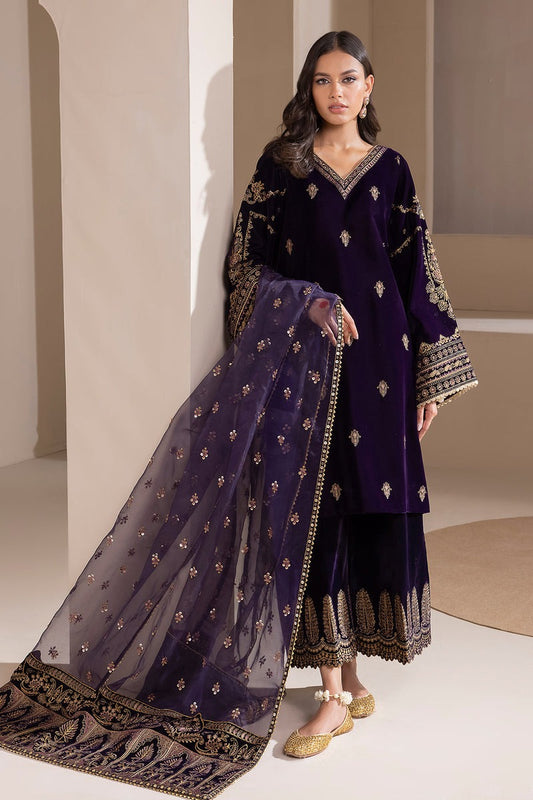 3Pcs Velvet Embroidered suit With Embroidered Organza Dupatta AJ-1005