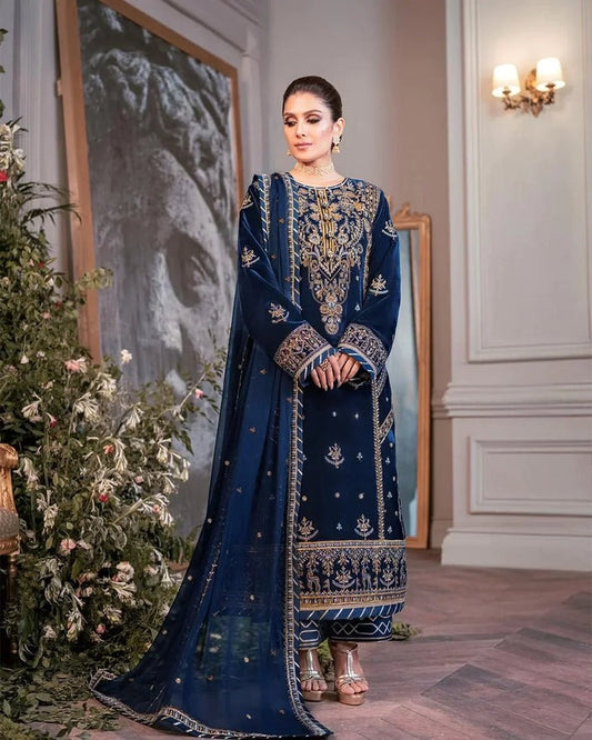 3Pcs Velvet Embroidered suit With Embroidered Organza Dupatta KA-041