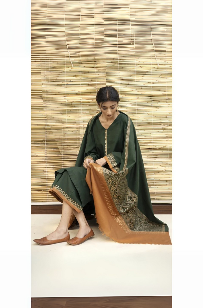 3 Pc Embroidered Dhanak with Heavy wool Shawl Winter Collection -104
