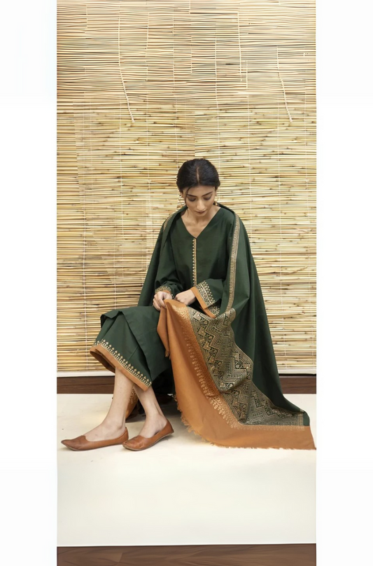 3 Pc Embroidered Dhanak with Heavy wool Shawl Winter Collection -104