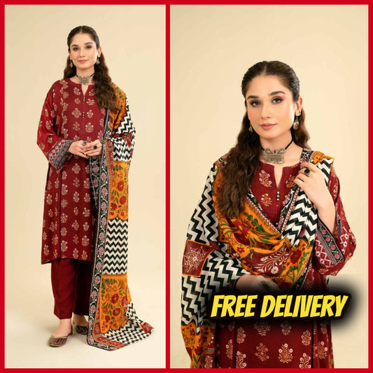 3 Pcs dhannak Embroidered winter Collection 808