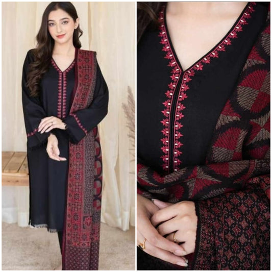 Winter collection 3Pc Stuff dhannak Embroidered suit with  wool shawl