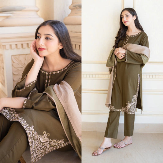 3Pc Embroidered dhannak Suit winter Collection 82