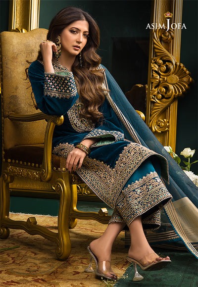 3Pcs Velvet Embroidered suit With Embroidered Organza Dupatta AJ-1006