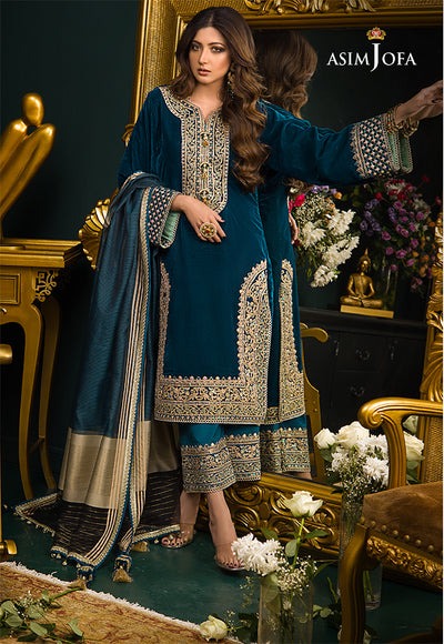 3Pcs Velvet Embroidered suit With Embroidered Organza Dupatta AJ-1006