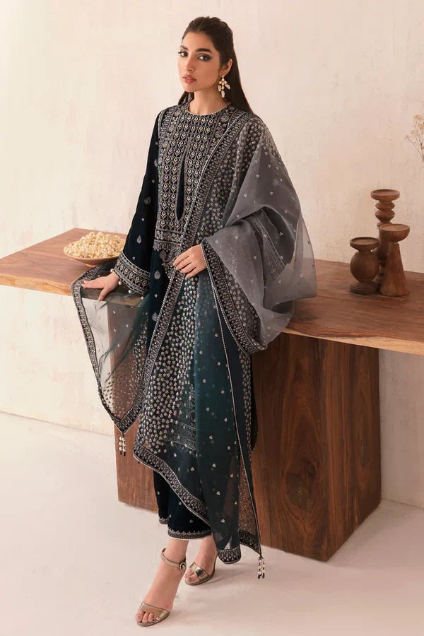 3Pcs Velvet Embroidered suit With Embroidered Organza Dupatta KA-040