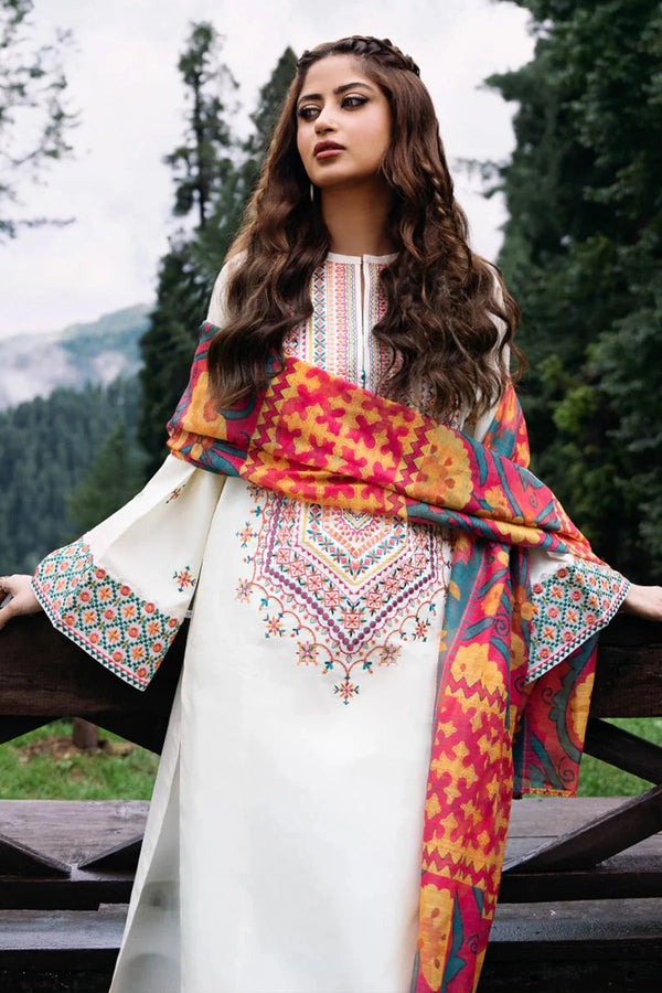 Sapphire 3Pc Dhanak Embroidered Suit With Digital Printed Wool Shawl