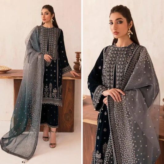 3Pcs Velvet Embroidered suit With Embroidered Organza Dupatta KA-040