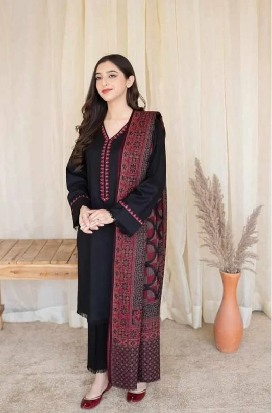 Winter collection 3Pc Stuff dhannak Embroidered suit with  wool shawl