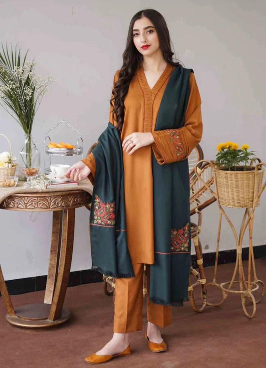 3Pc Embroidered dhannak Suit winter Collection