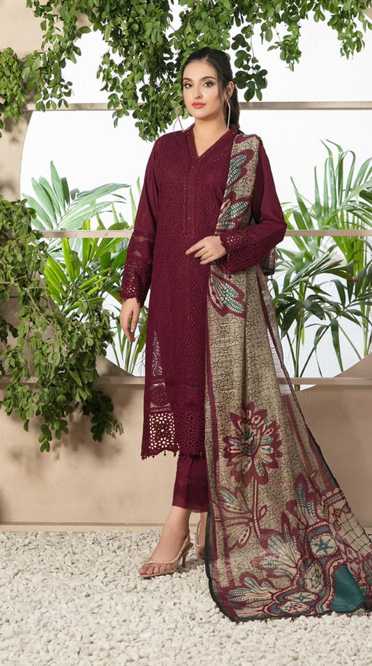 3Pcs Dhannak embroidered suit with Paper cotton shawl Winter collection 799