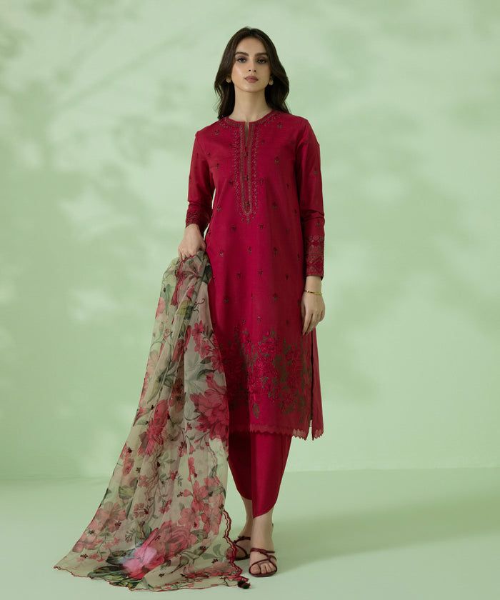 3Pcs Dhannak embroidered suit with paper cotton Shawl Winter collection 791