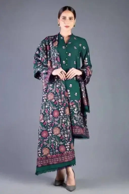 3Pcs Dhannak heavy embroidered suit with dhannak Shawl Winter collection 787