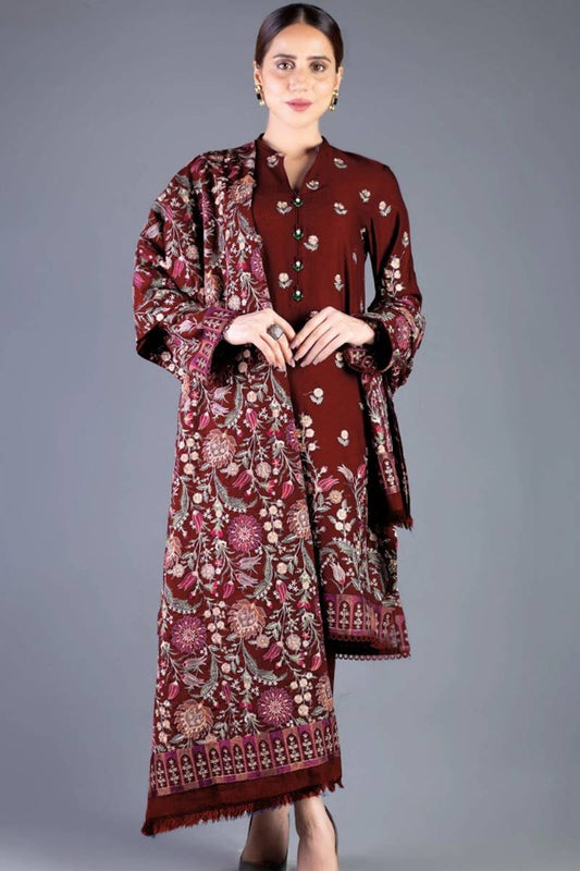 3Pcs Dhannak heavy embroidered suit with dhannak Shawl Winter collection 782