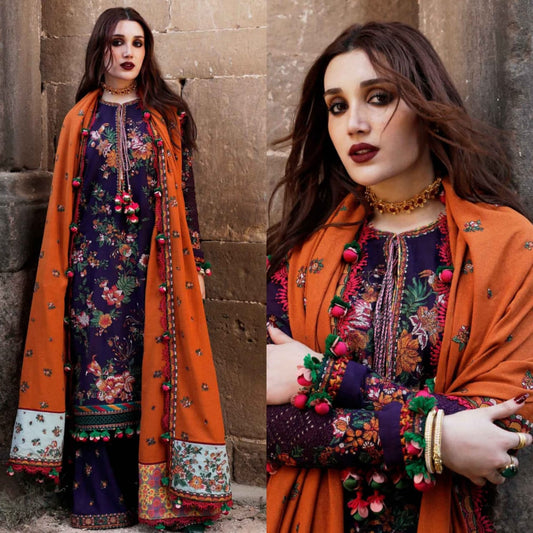 Winter collection 3Pc Stuff Dhannak Embroidery Suit With wool Shawl 680