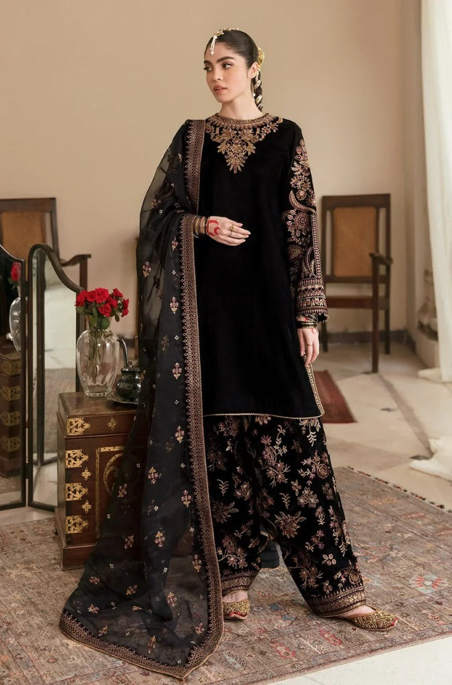 3Pcs velvet embroidered with organza shawl Winter collection