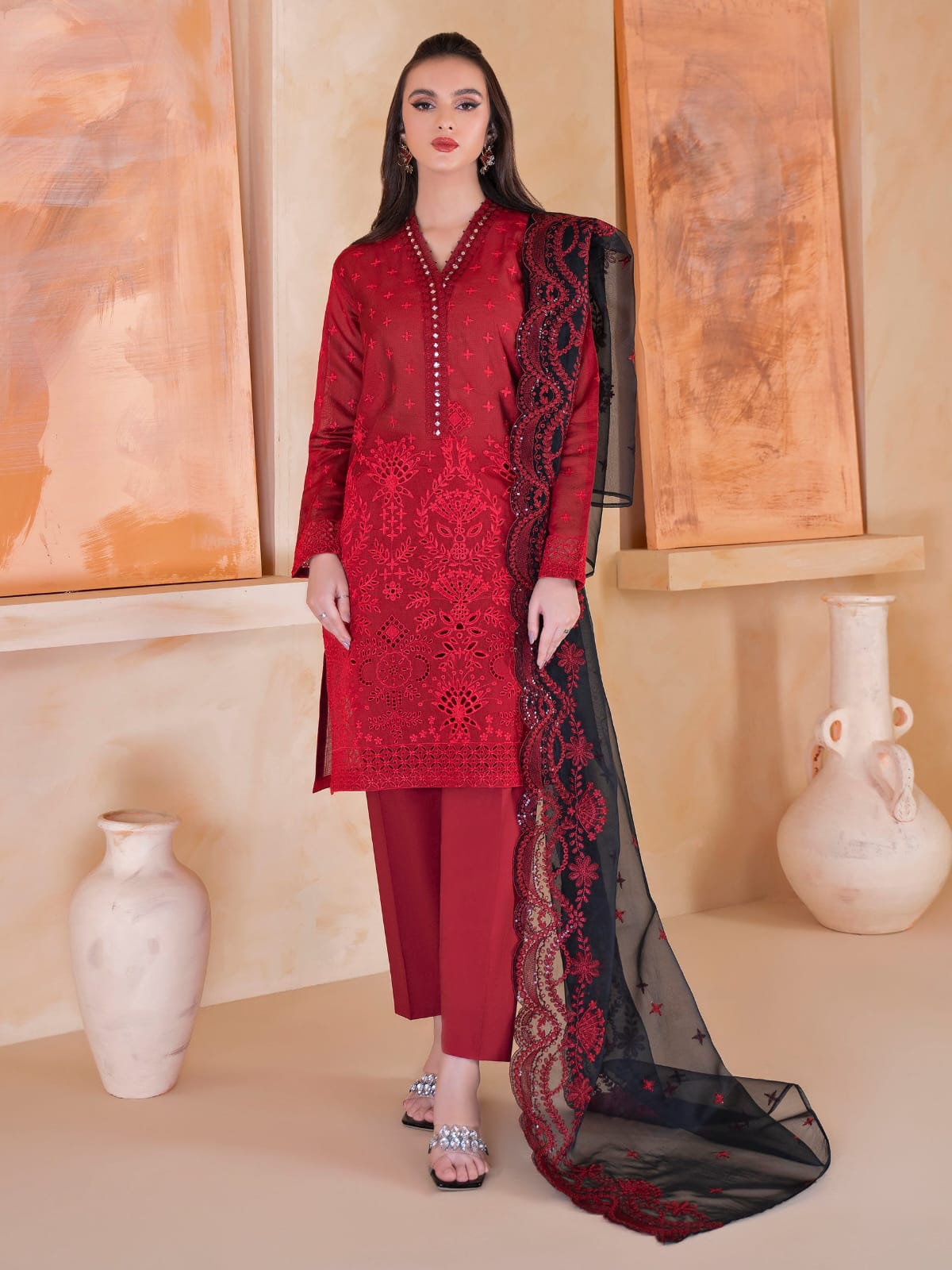 3Pc Embroidered Lawn Suit with Organza dupatta Summer Collection