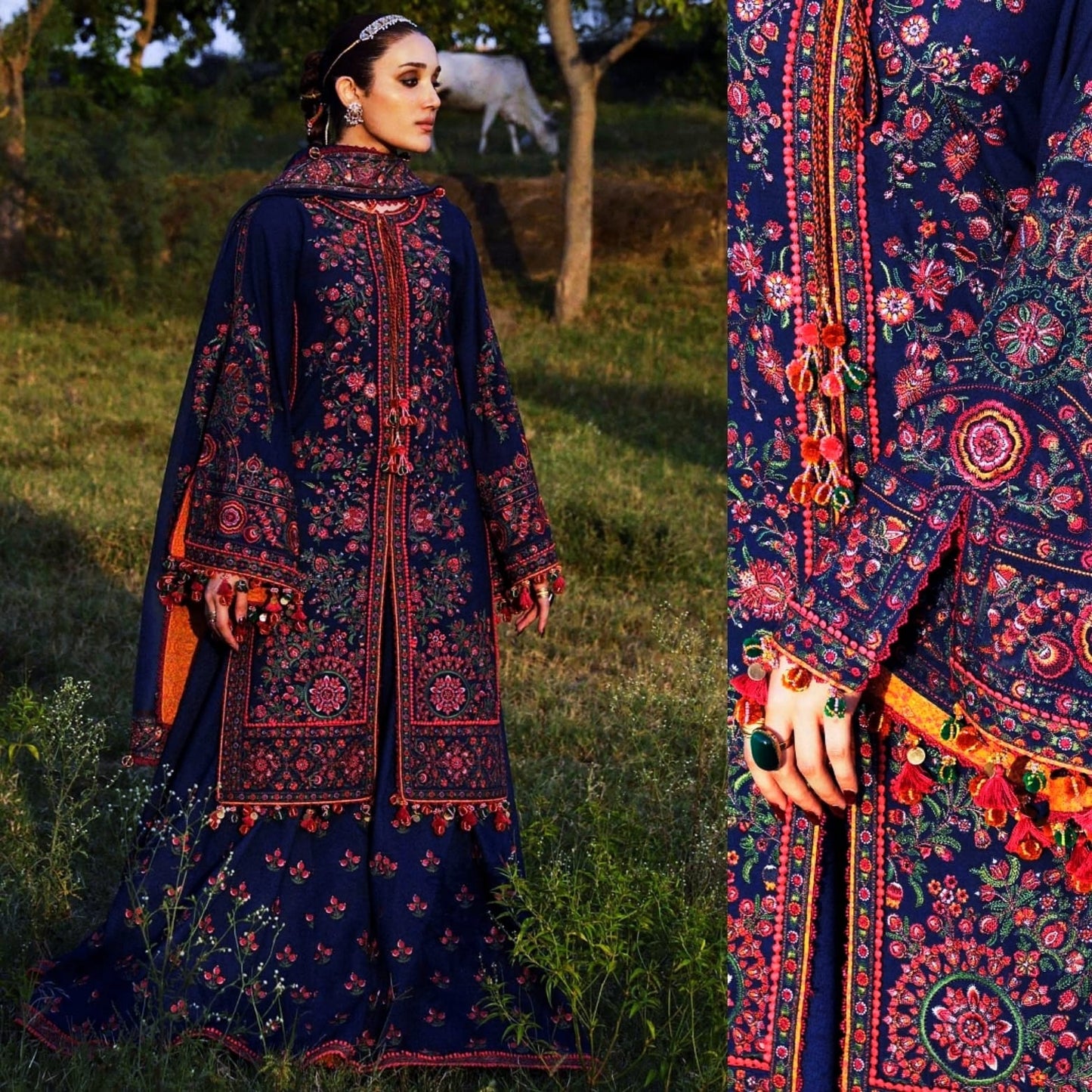 Hussain Rehar 3Pc Heavy Embroidered Dhannak Suit winter Collection HR-1045