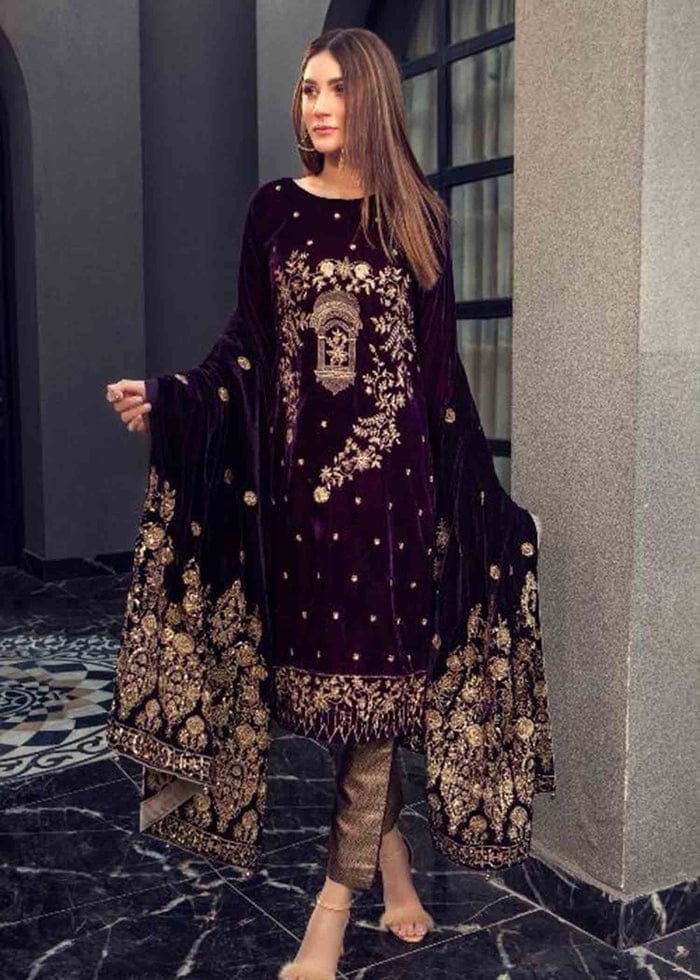 Azure 3 Pc Velvet  Embroidered Suit  With Velvet Shawl Winter Collection