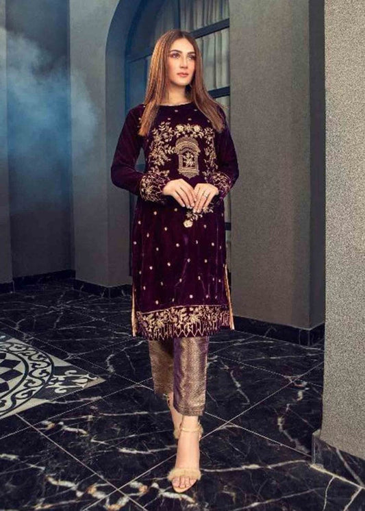 Azure 3 Pc Velvet  Embroidered Suit  With Velvet Shawl Winter Collection