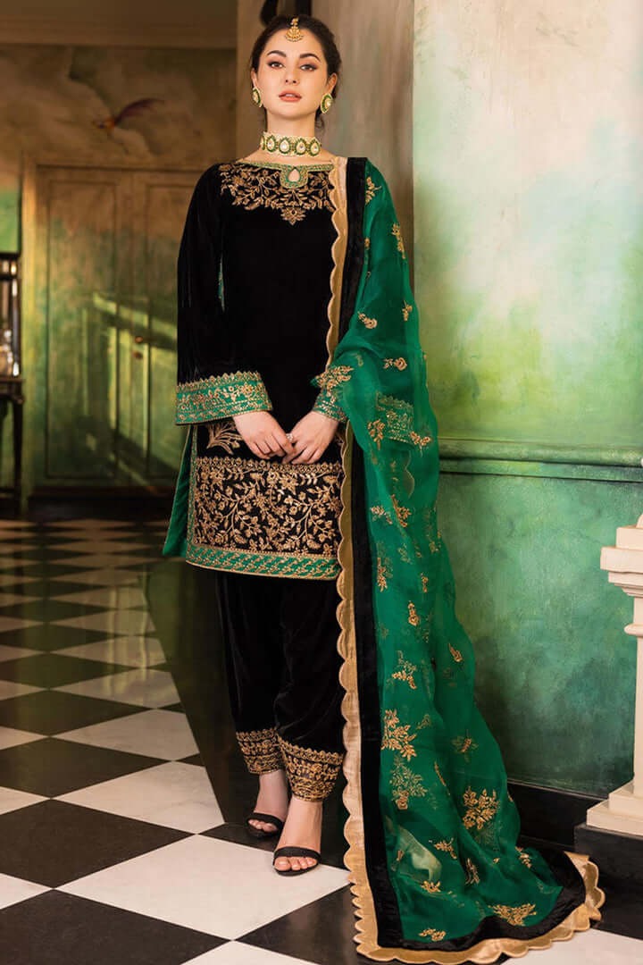 3Pcs Velvet Embroidered suit With Embroidered Organza Dupatta AJ-1008