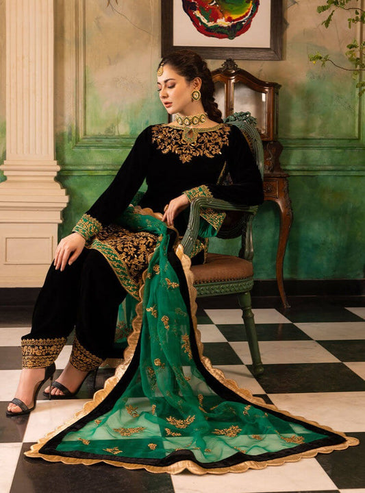 3Pcs Velvet Embroidered suit With Embroidered Organza Dupatta AJ-1008