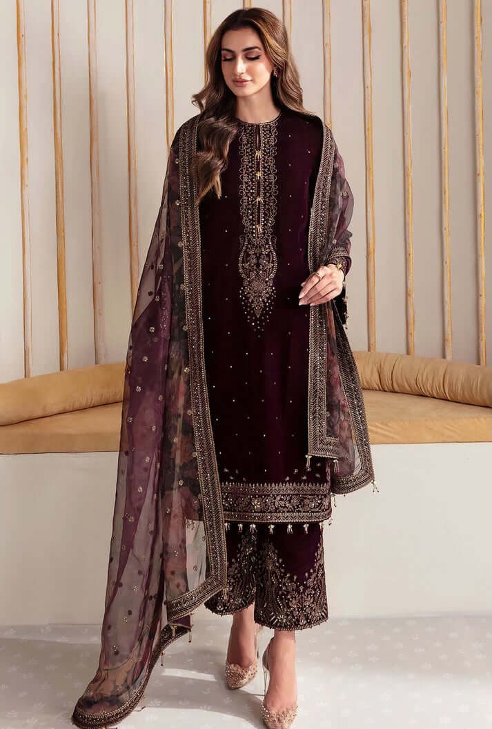 3Pcs Velvet Embroidered suit With Embroidered Organza Dupatta KA-039