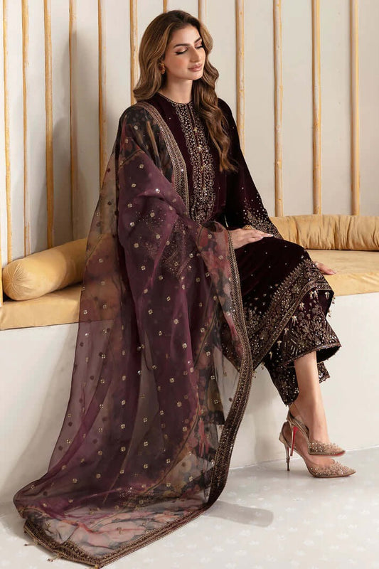 3Pcs Velvet Embroidered suit With Embroidered Organza Dupatta KA-039