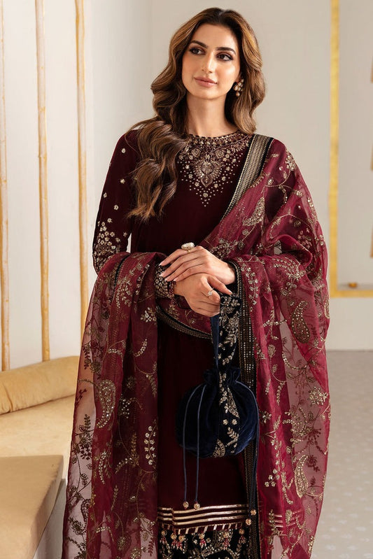 3Pcs Velvet Embroidered suit With Embroidered Organza Dupatta AJ-1007