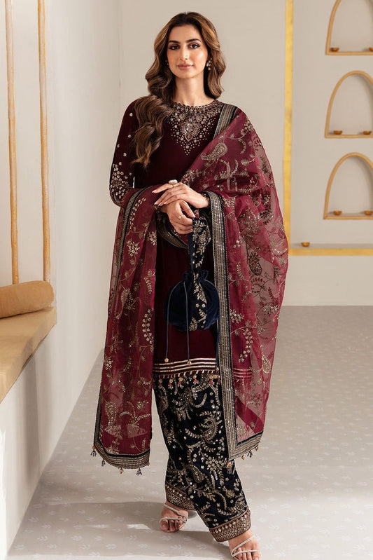 3Pcs Velvet Embroidered suit With Embroidered Organza Dupatta AJ-1007