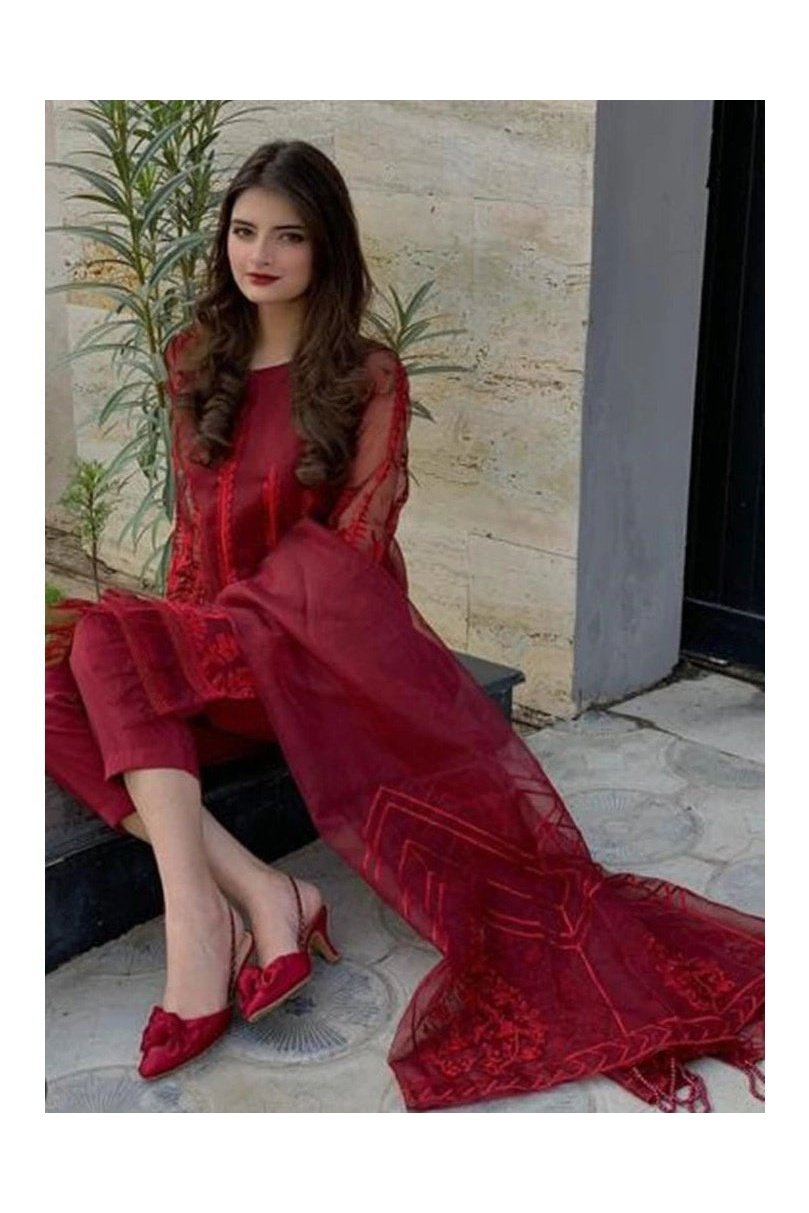 3Pc Red Organza Lawn inner Embroidered Summer Collection Suit