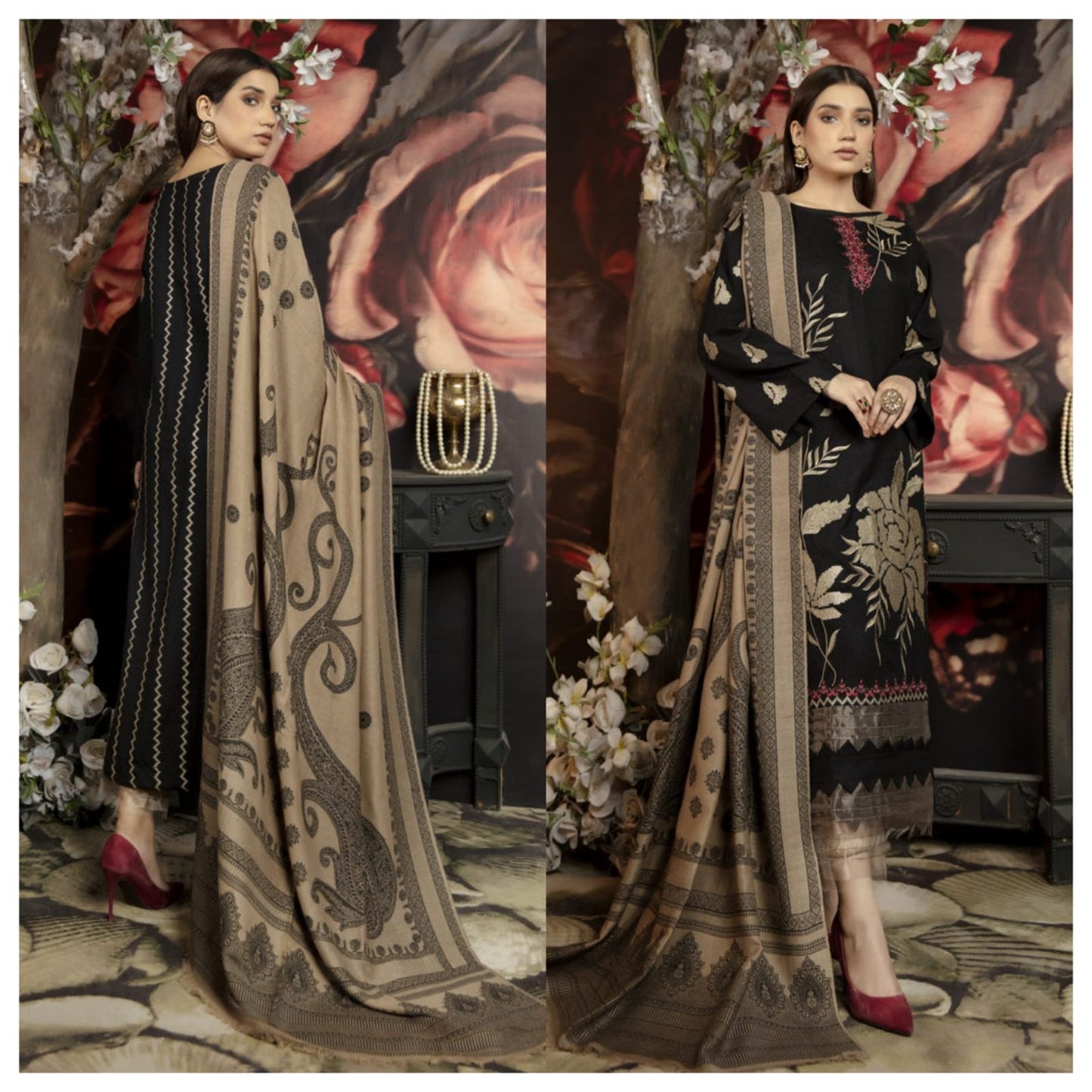 Winter collection 3Pc Stuff dhannak embroidery print suit with shawl 1090