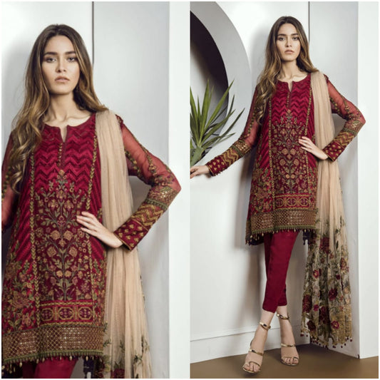 Winter collection 3Pc Stuff Linen suit heavy Embroidery by08787