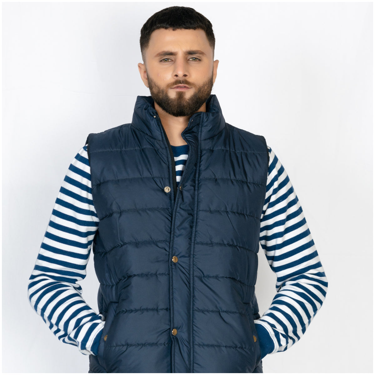 Sleeveless Quilted Jacket Flap Blue