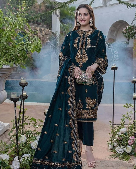 Azure 3 Pc Velvet  Embroidered Suit  With Velvet Shawl Winter Collection