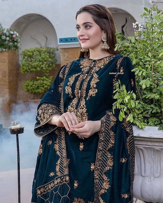 Azure 3 Pc Velvet  Embroidered Suit  With Velvet Shawl Winter Collection